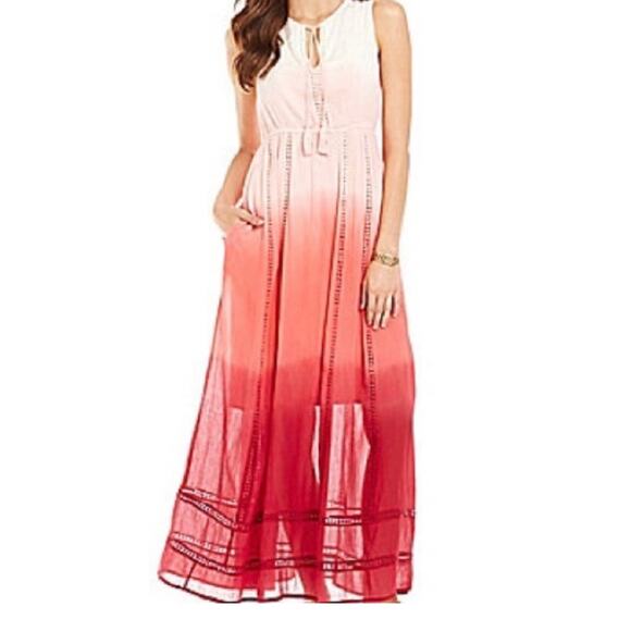 Tommy Bahama Ombre Dip Dye Maxi Dress Cotton Womens Small Pockets Pink Beachy - Picture 1 of 7